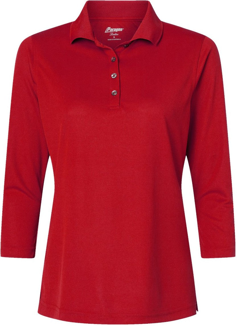 Front View of Red Women's Lady Palm Three-Quarter Sleeve Polo - 120
