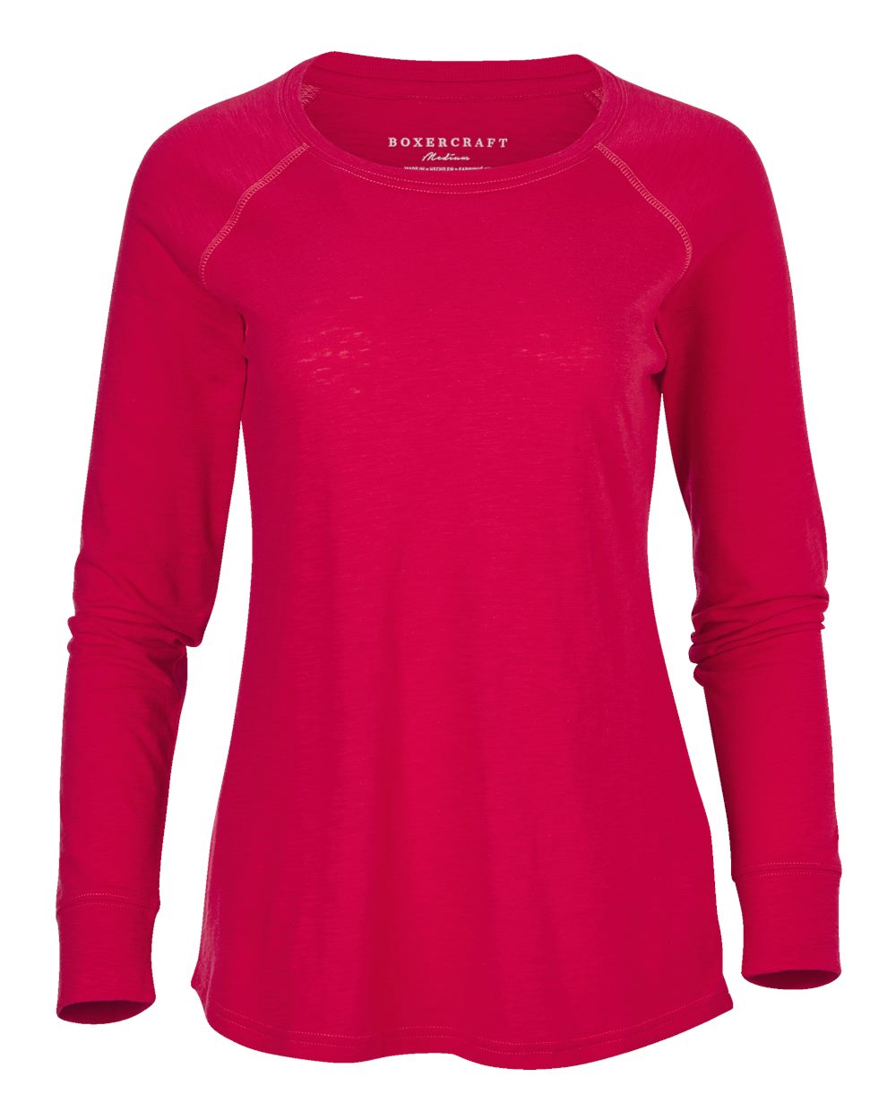 Front View of Red Women's Solid Preppy Patch Long Sleeve T-Shirt - BW3166