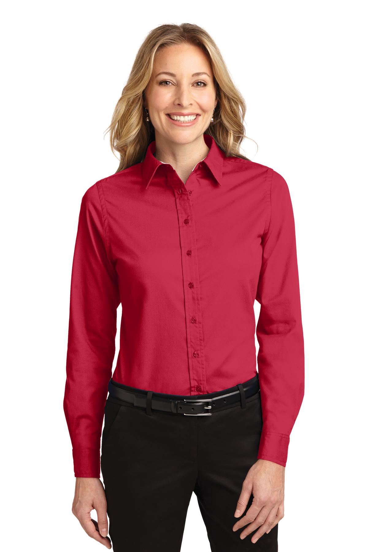 Front View of Red/Lt Stone Port Authority Women's Long Sleeve Easy Care Shirt. L608