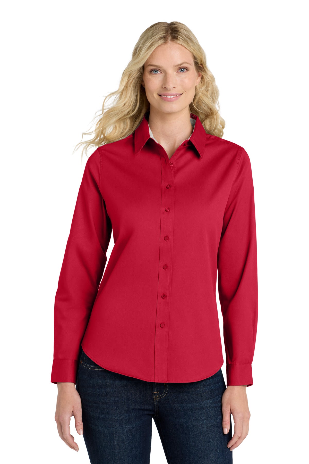 Front View of Red/Lt Stone Port Authority Women's Long Sleeve Easy Care Shirt. L608