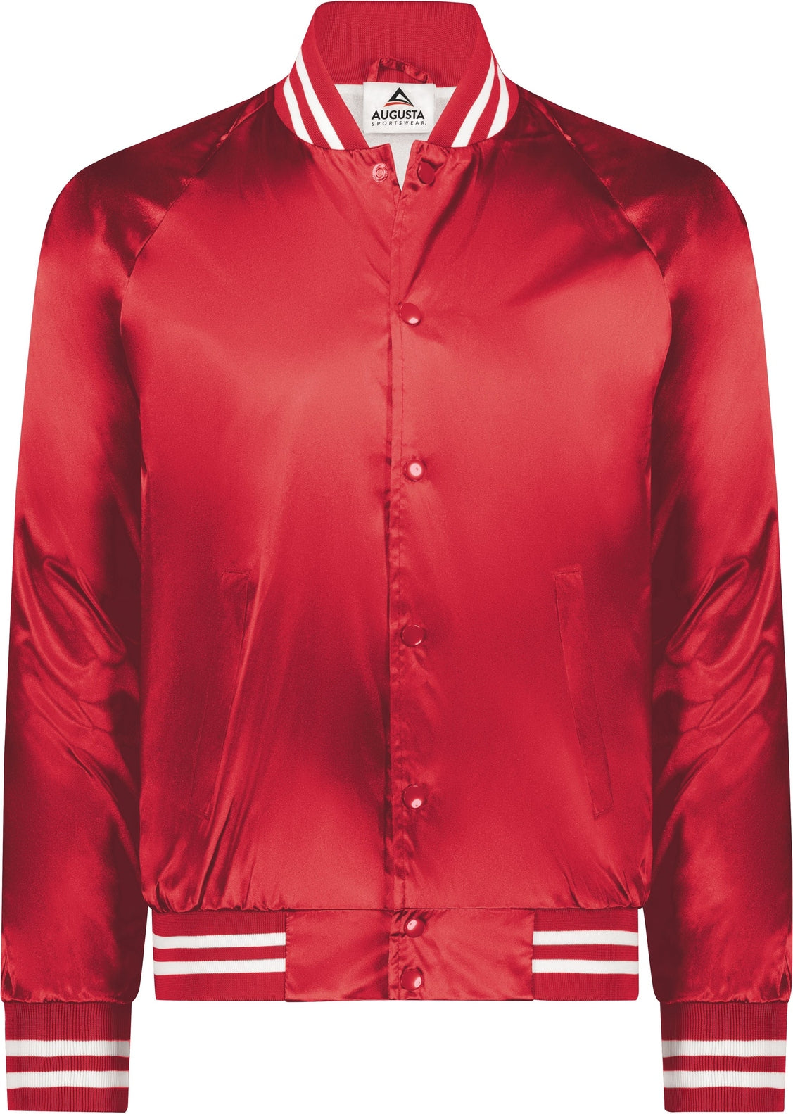RED/WHITE SATIN BASEBALL JKT/STRIPED TRM