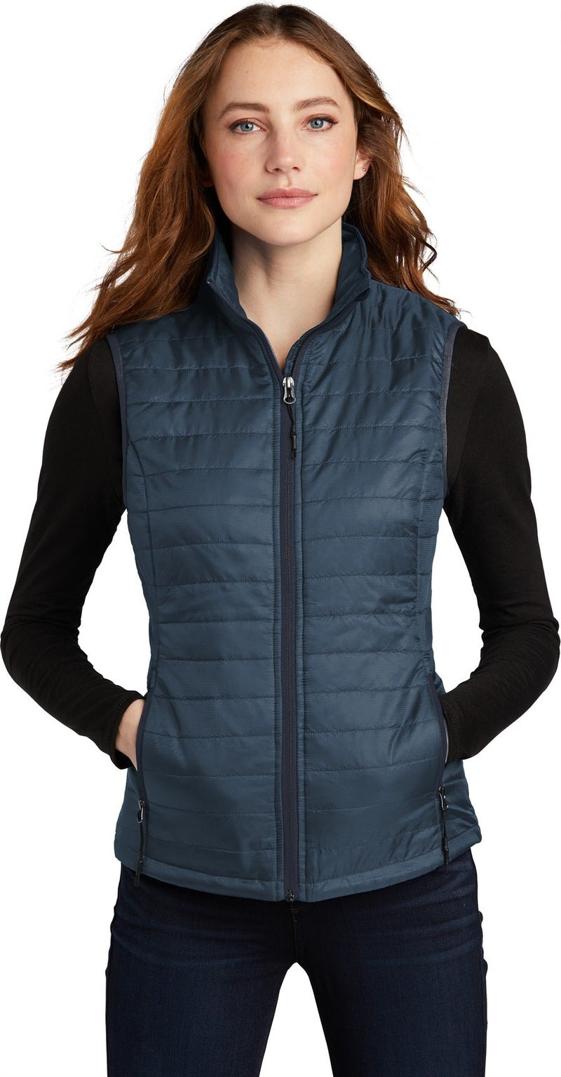 Front View of Reg Bl/RB Navy Port Authority Women's Packable Puffy Vest L851