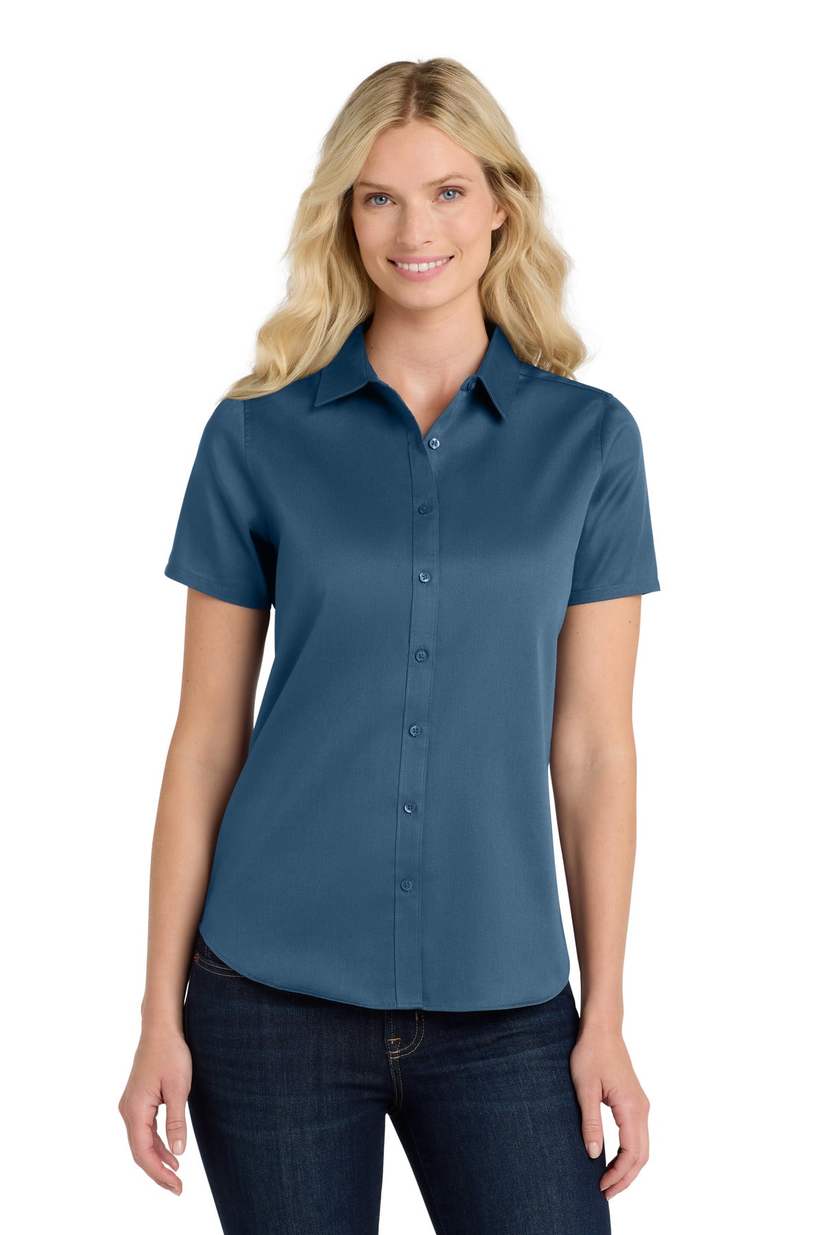Front View of RgttaBlue Port Authority Women's Short Sleeve SuperPro React Twill Shirt. LW809