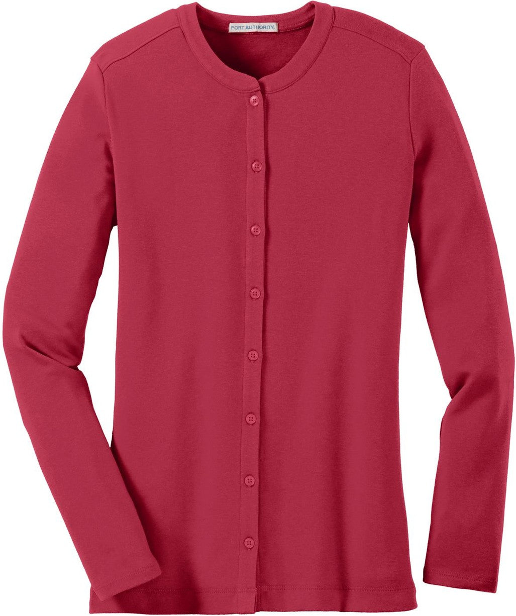 Front View of Rich Red Port Authority Women's Concept Stretch Button-Front Cardigan. LM1008