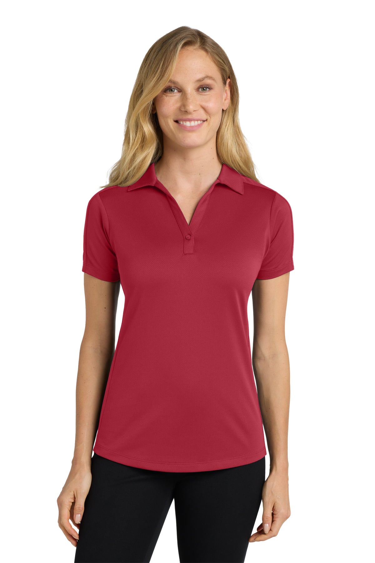 Front View of Rich Red Port Authority Women's Diamond Jacquard Polo. L569