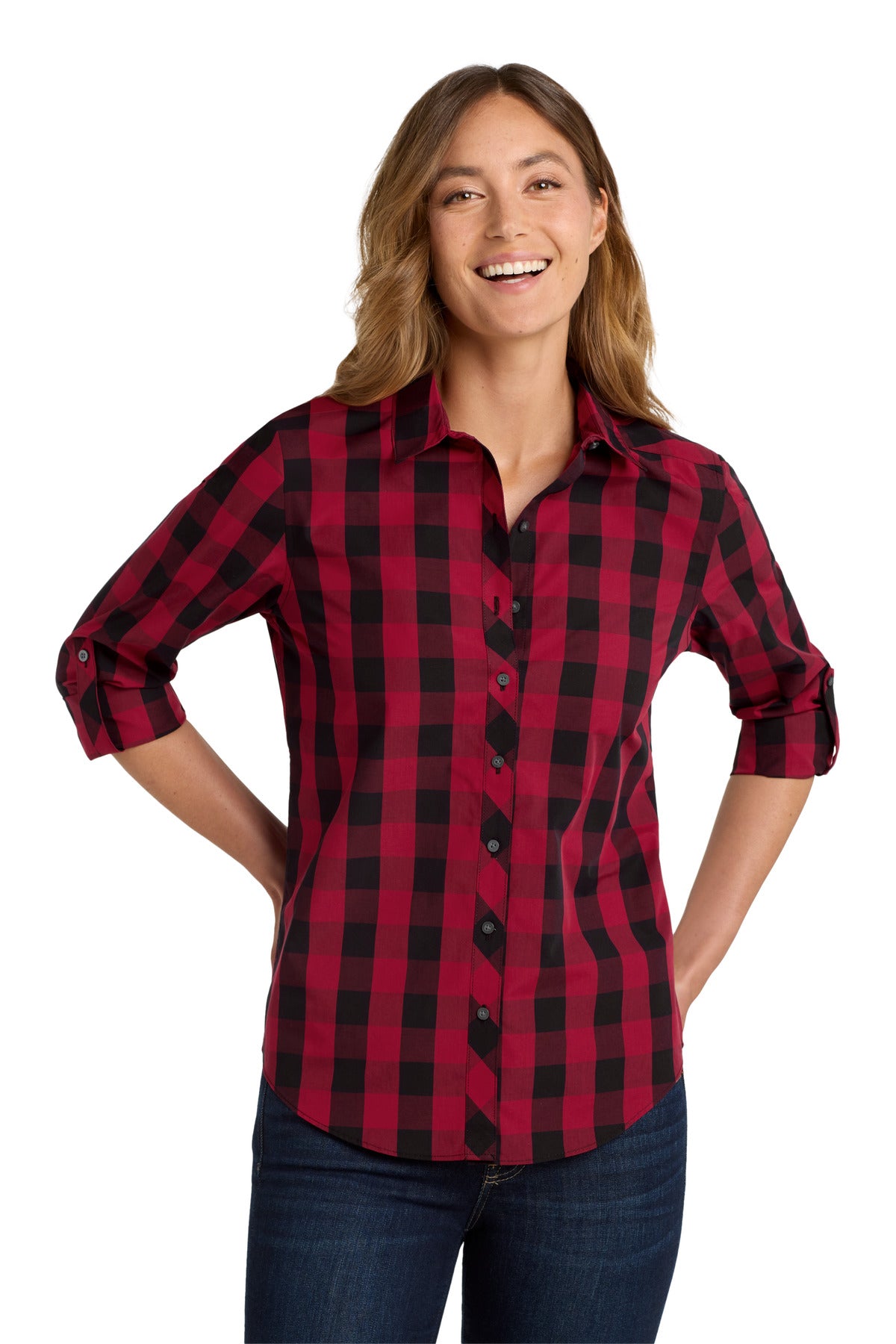 Front View of Rich Red Port Authority Women's Everyday Plaid Shirt. LW670