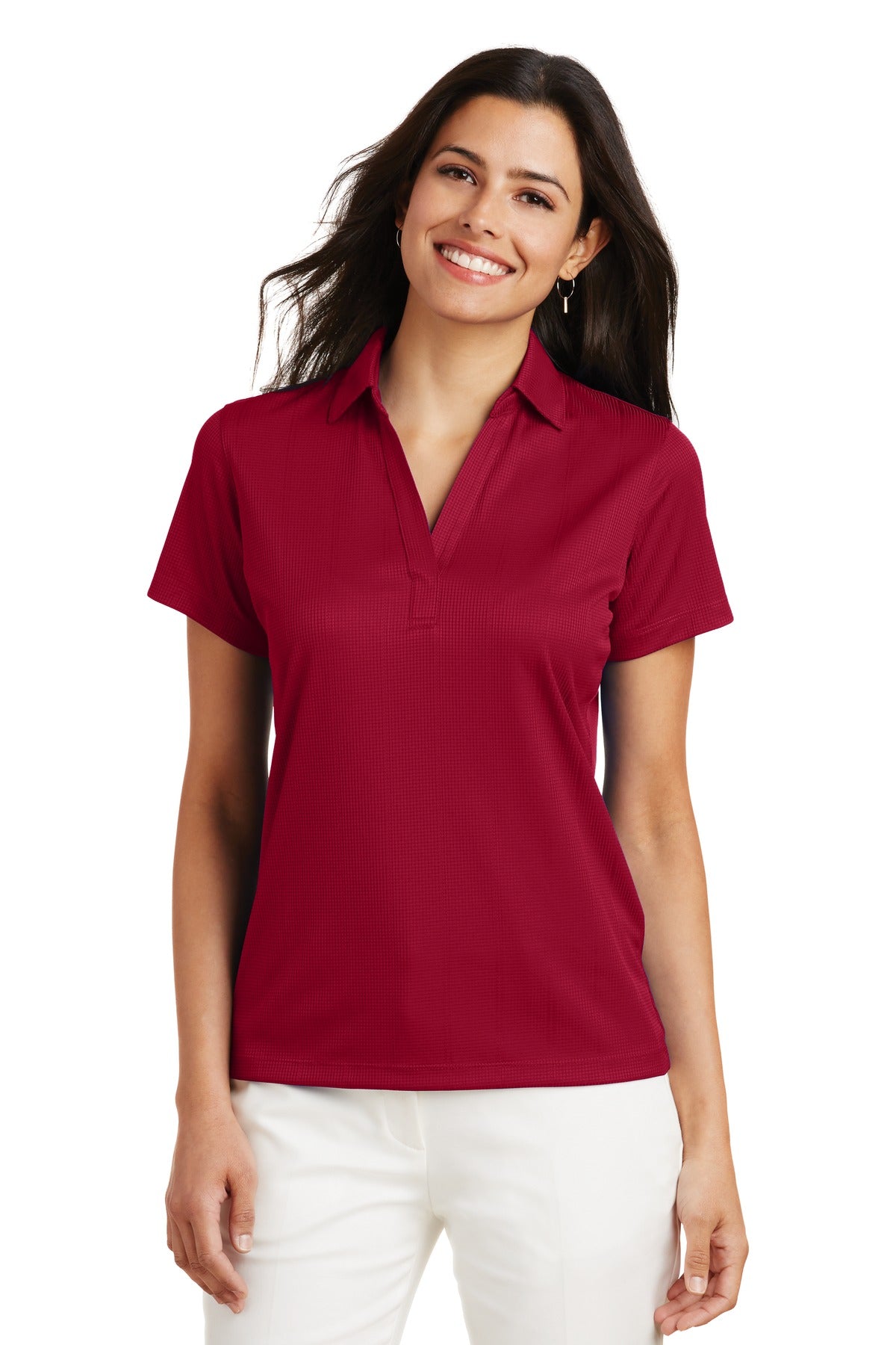 Front View of Rich Red Port Authority Women's Performance Fine Jacquard Polo. L528