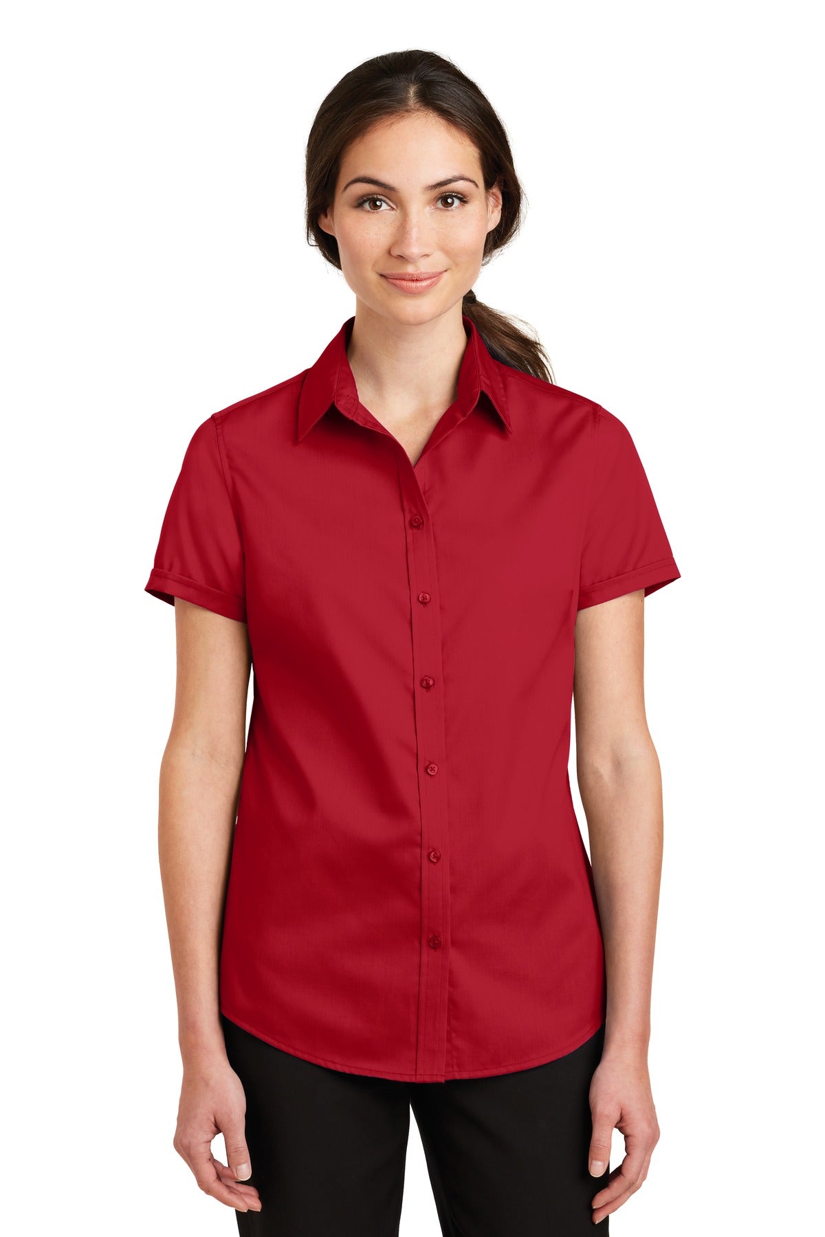 Front View of Rich Red Port Authority Women's Short Sleeve SuperPro Twill Shirt. L664
