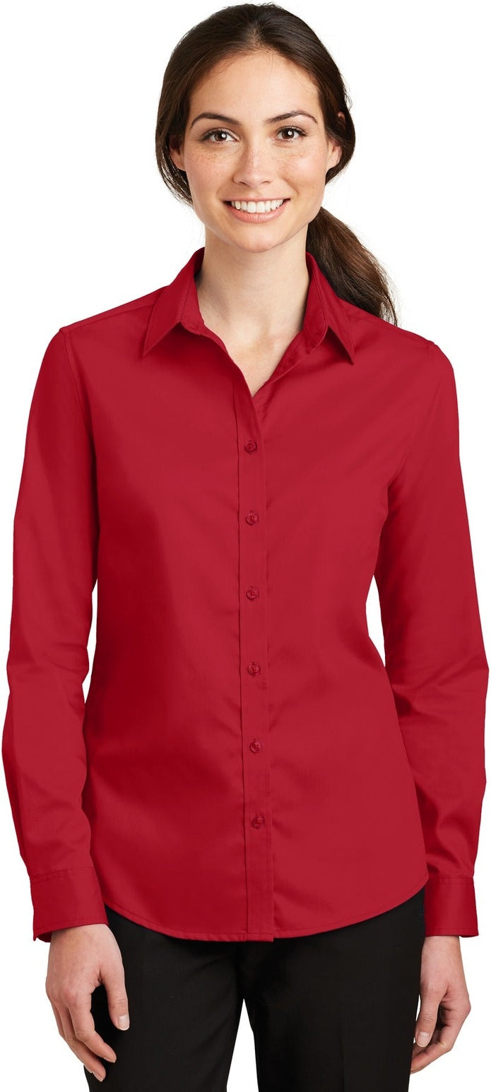 Front View of Rich Red Port Authority Women's SuperPro Twill Shirt. L663