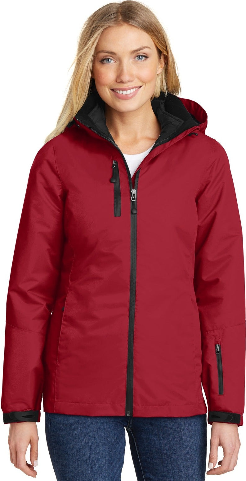 Front View of Rich Red/Black Port Authority Women's Vortex Waterproof 3-in-1 Jacket. L332