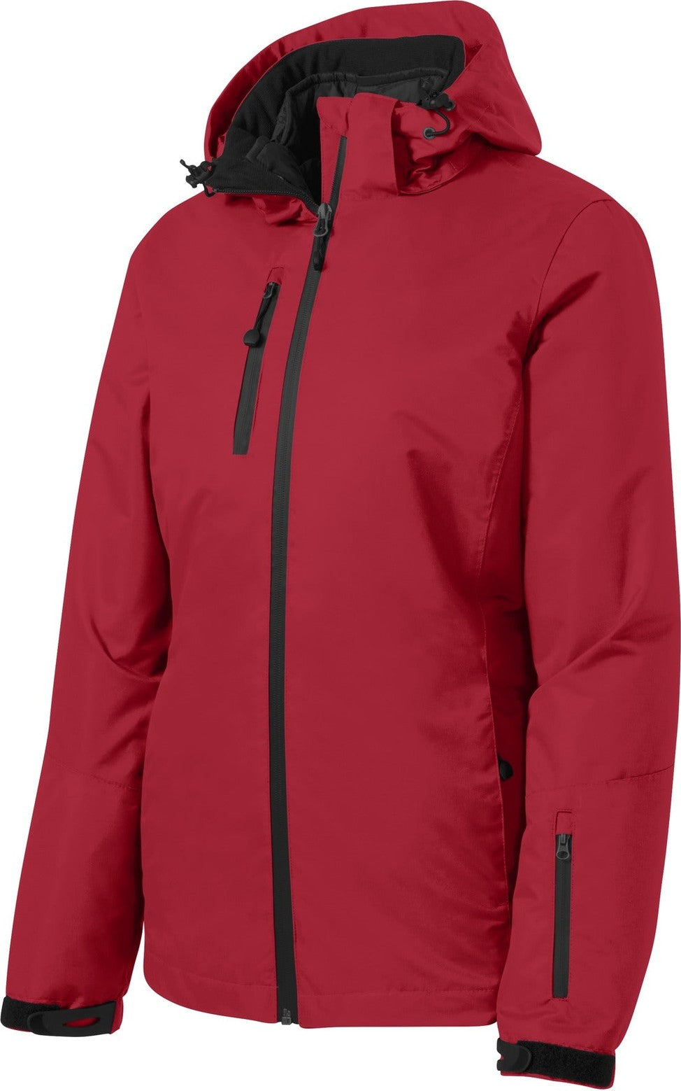 Front View of Rich Red/Black Port Authority Women's Vortex Waterproof 3-in-1 Jacket. L332