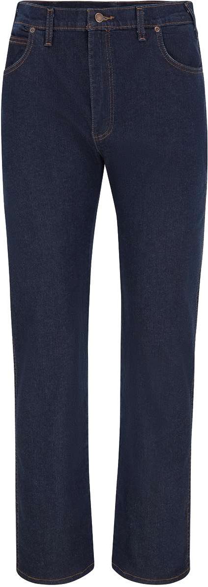 Front View of Rinsed Indigo Blue - 39 Unhemmed Industrial 5-Pocket Flex Jeans - Extended Sizes - LD21EXT