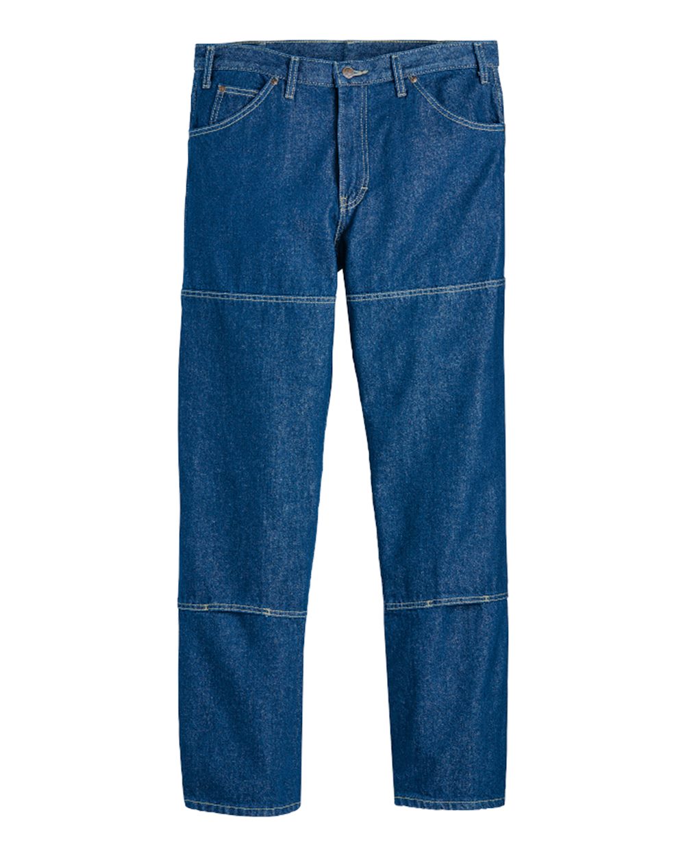 Front View of Rinsed Indigo Blue - 39 Unhemmed Industrial Double Knee Jeans - LD20
