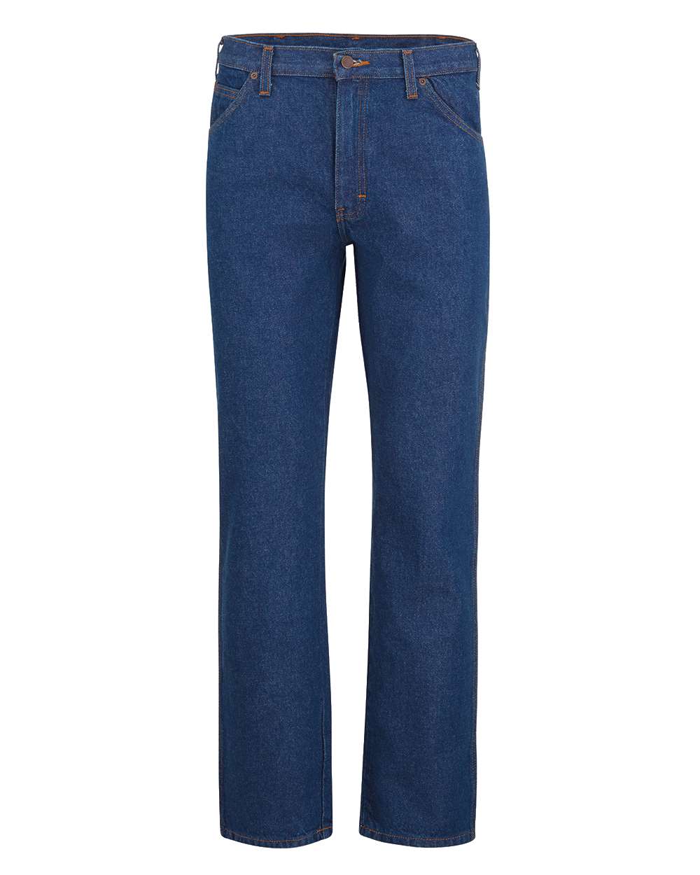 Front View of Rinsed Indigo Blue - 39 Unhemmed Industrial Jeans - Odd Sizes - C993ODD