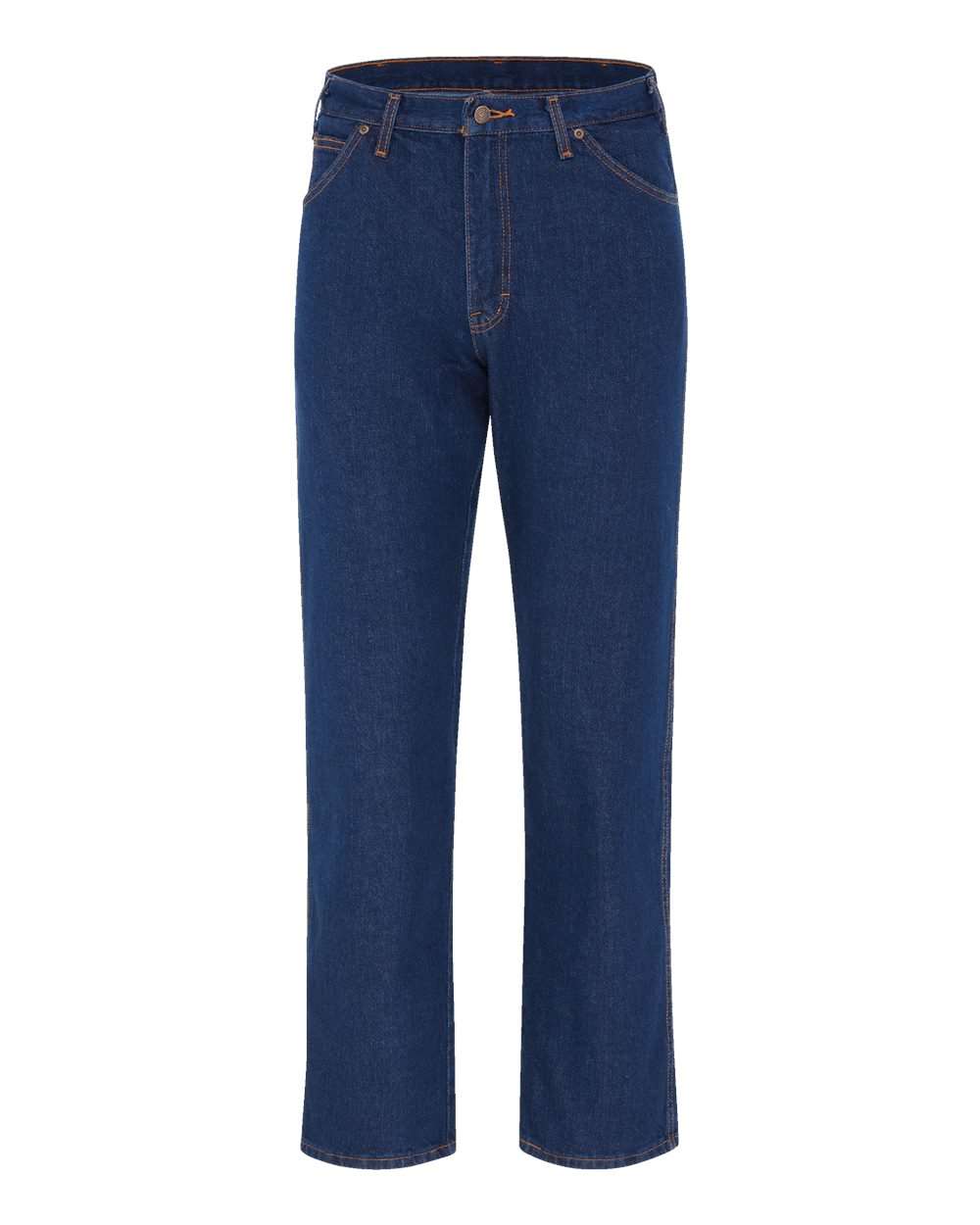 Front View of Rinsed Indigo Rigid - 39 Unhemmed Straight 5-Pocket Jeans - 9333