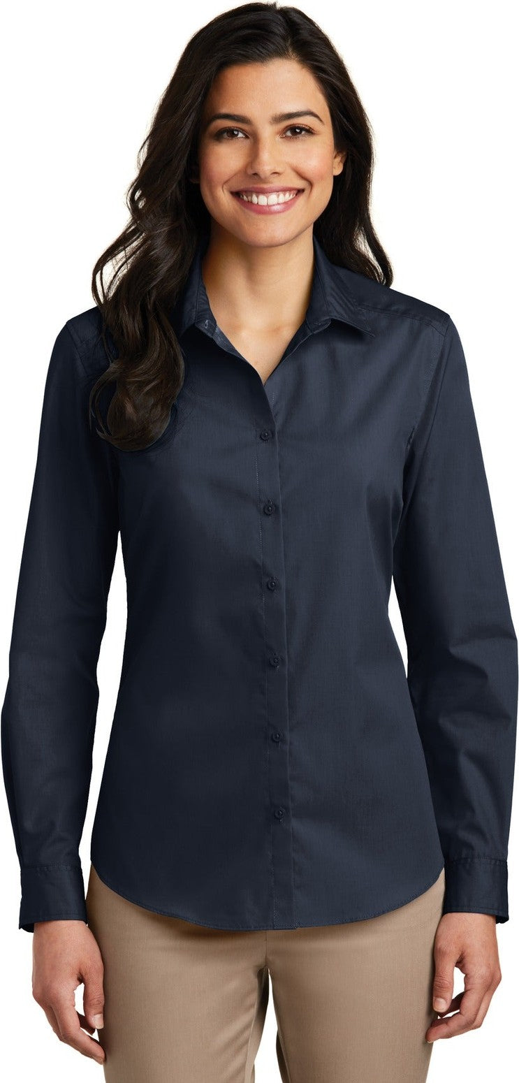 Front View of River Blue Nvy Port Authority Women's Long Sleeve Carefree Poplin Shirt. LW100