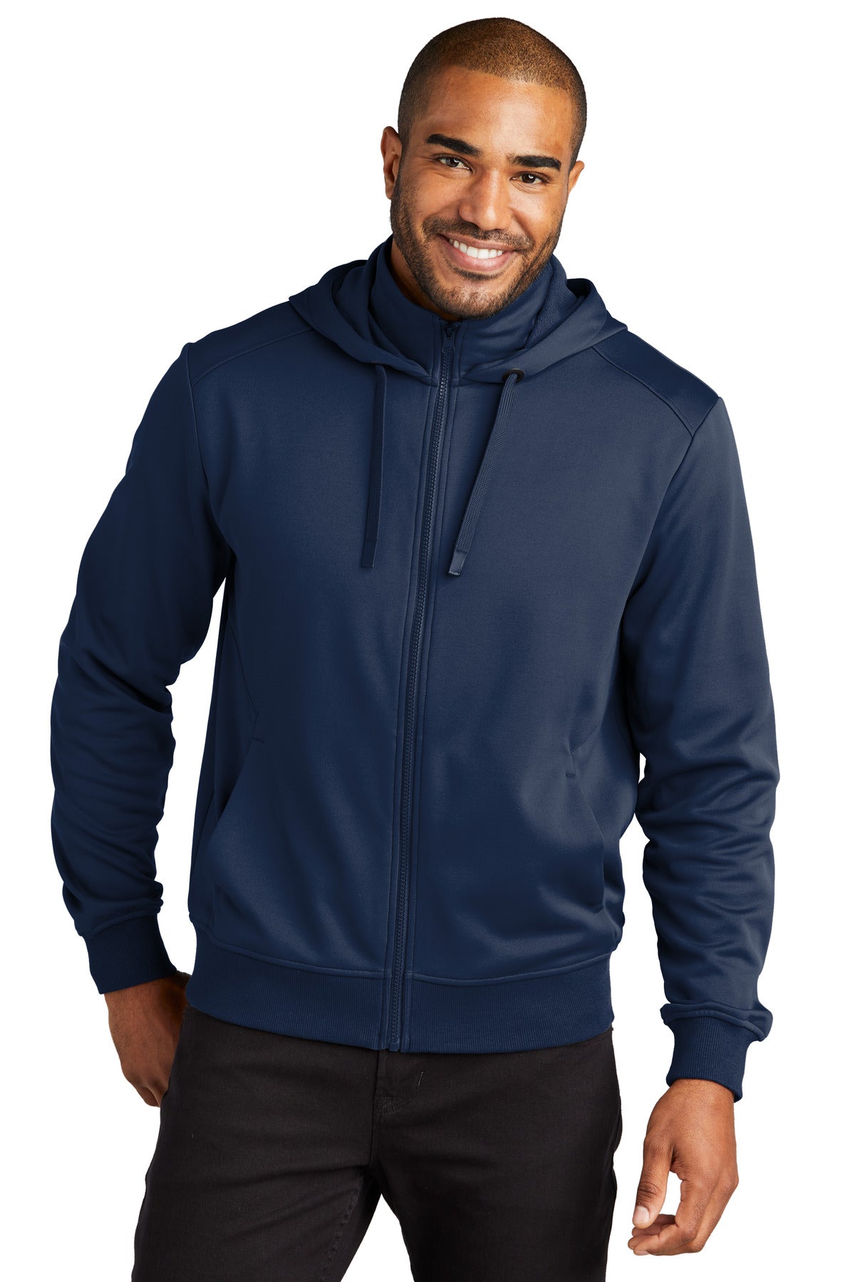 Front View of RiverBlNv Port Authority Smooth Fleece Hooded Jacket F814