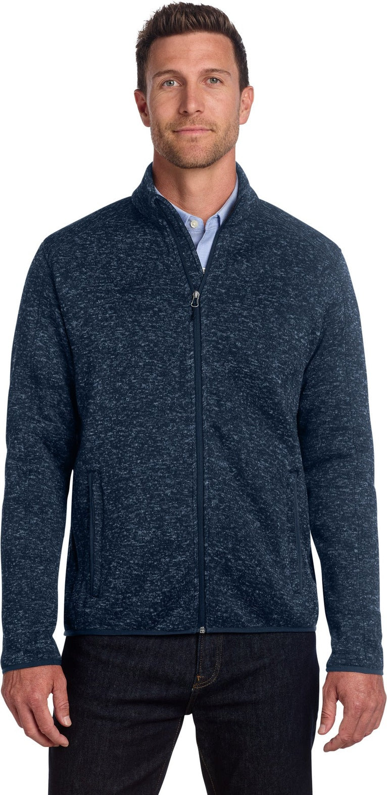 Front View of RiverBlNvH Port Authority Sweater Fleece Jacket. F232
