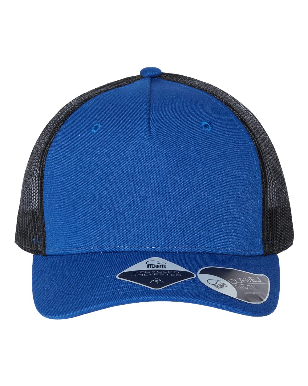 Front View of Royal/ Black Sustainable Five-Panel Trucker Cap - ZION