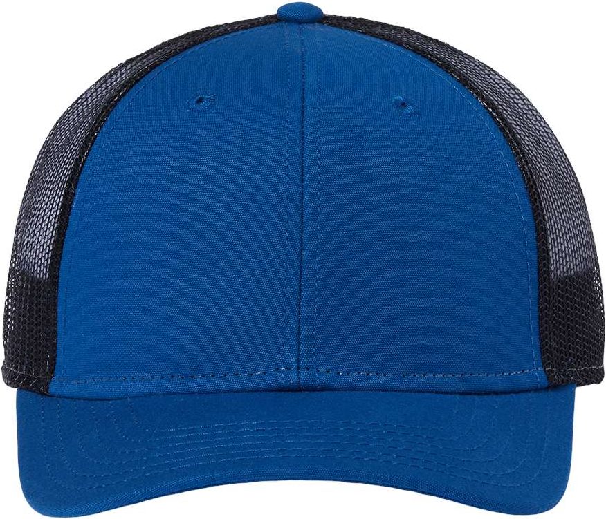 Front View of Royal/ Black Sustainable Recy Three Trucker Cap - RETH