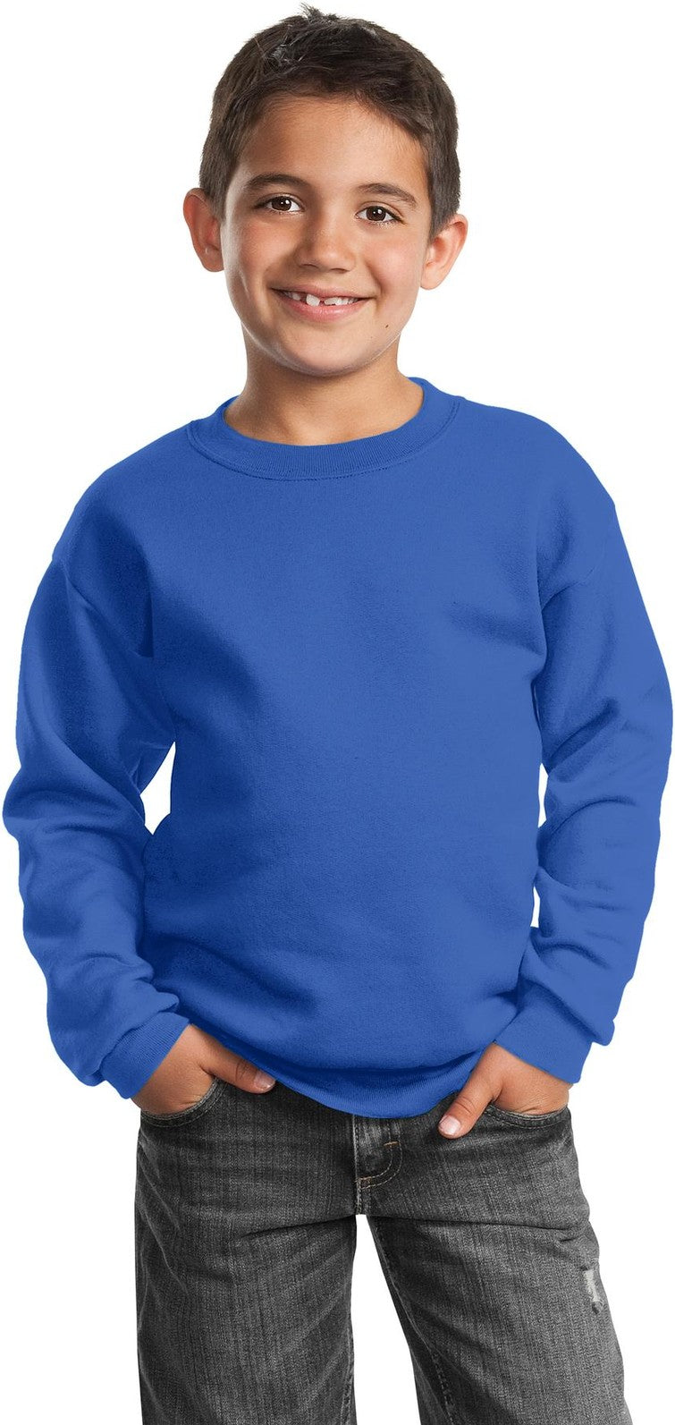 Front View of Royal Blue Port & Co Youth Core Fleece Crewneck Sweatshirt. PC90Y