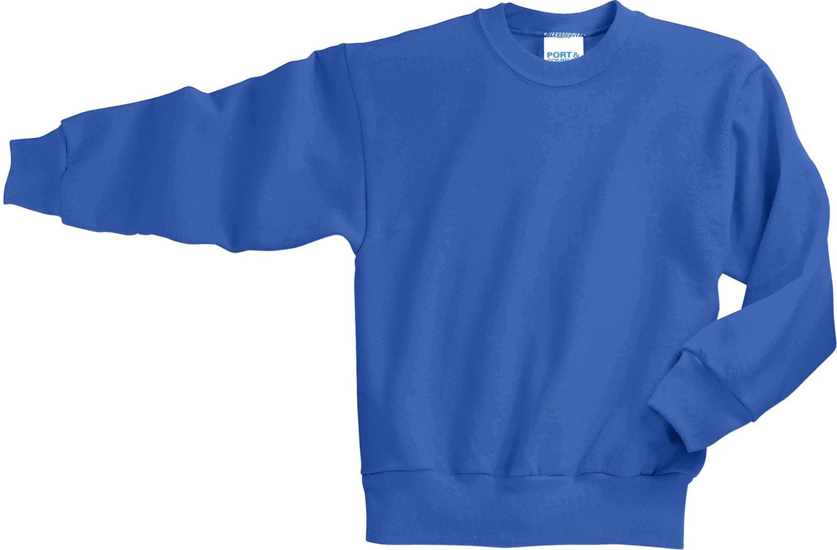 Front View of Royal Blue Port & Co Youth Core Fleece Crewneck Sweatshirt. PC90Y