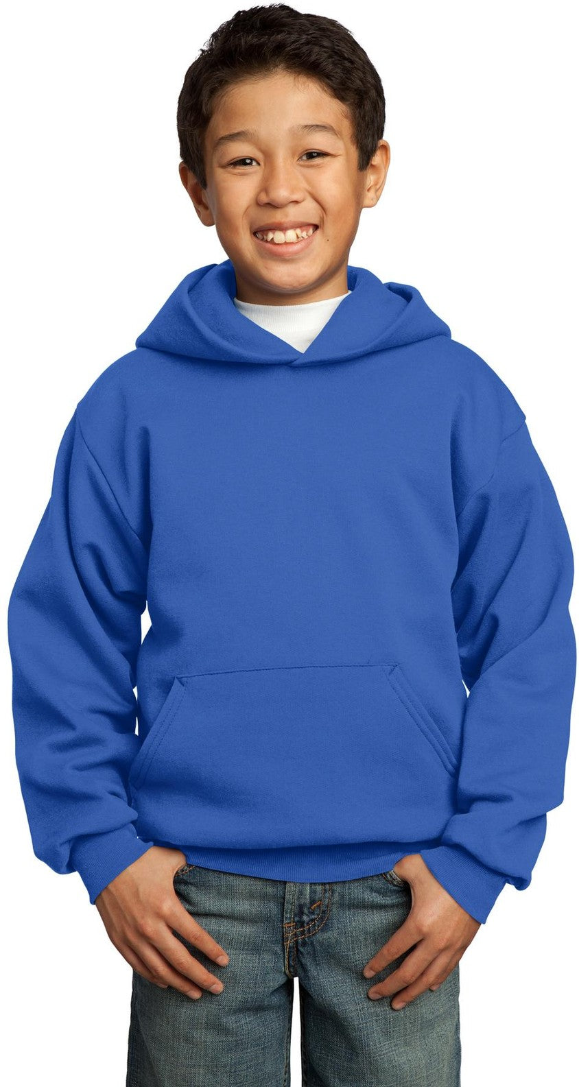 Front View of Royal Blue Port & Co Youth Core Fleece Pullover Hooded Sweatshirt. PC90YH