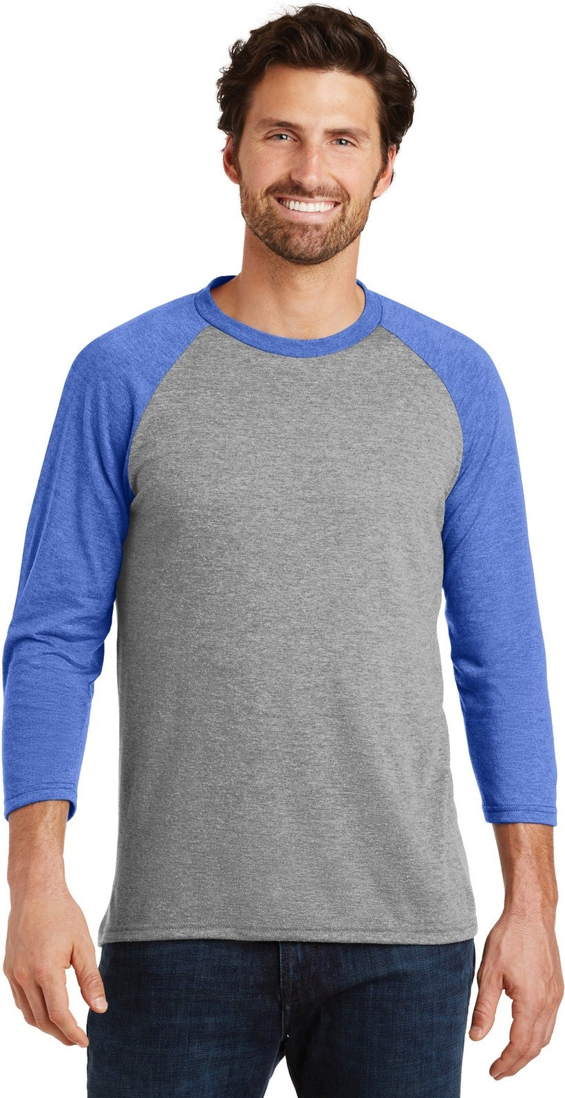 Front View of Royal Fr/Gry F District Perfect Tri 3/4-Sleeve Raglan. DM136