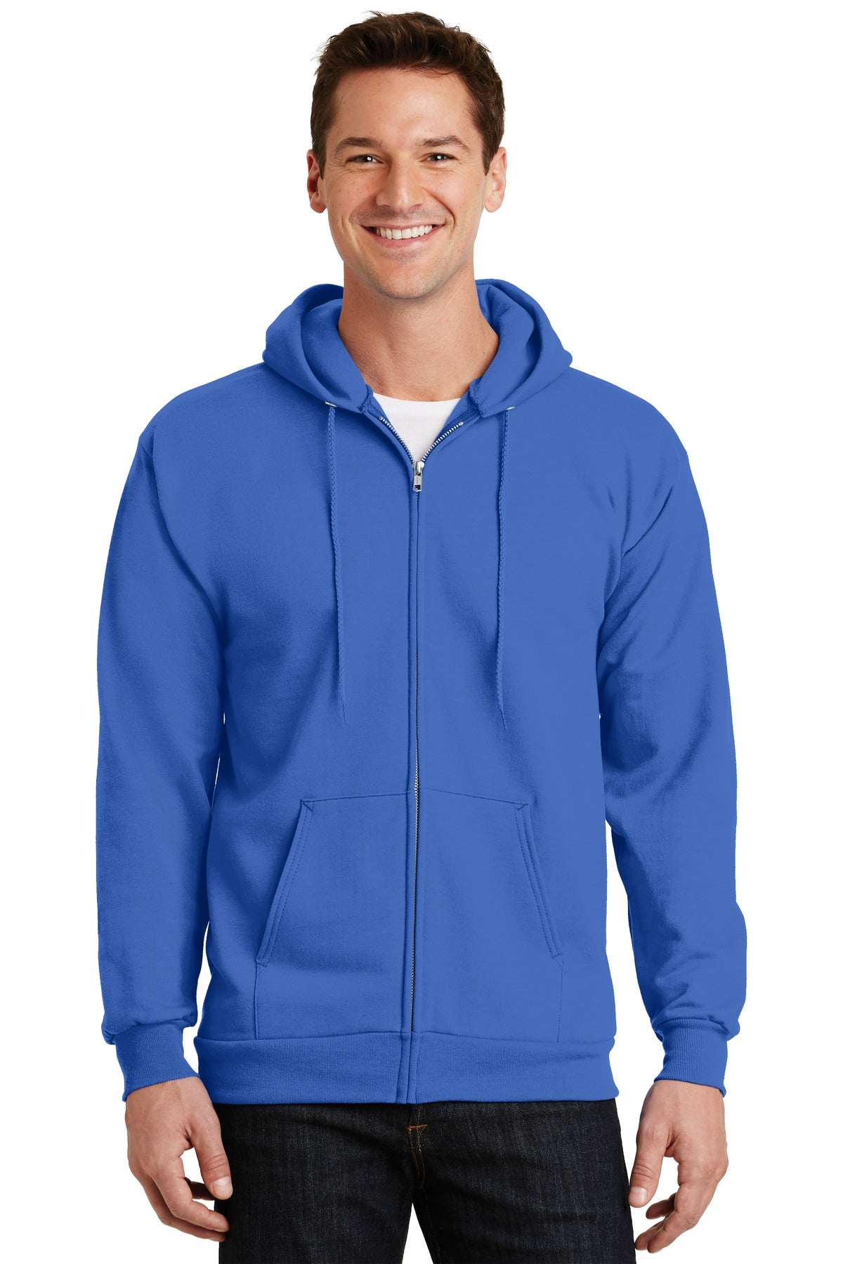 Front View of Royal Port & Co Essential Fleece Full-Zip Hooded Sweatshirt. PC90ZH