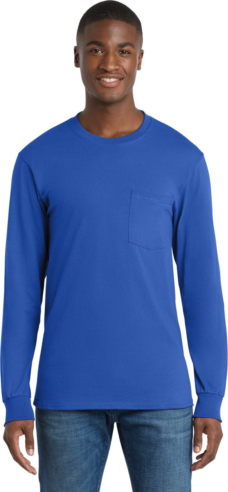 Front View of Royal Port & Co Tall Long Sleeve Essential Pocket Tee. PC61LSPT