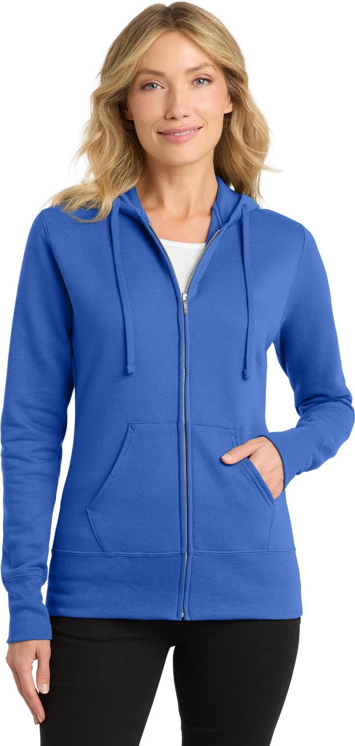 Front View of Royal Port & Co Women's Core Fleece Full-Zip Hooded Sweatshirt. LPC78ZH