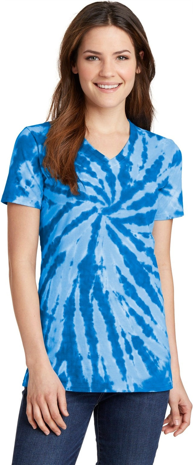 Front View of Royal Port & Co Women's Tie-Dye V-Neck Tee. LPC147V
