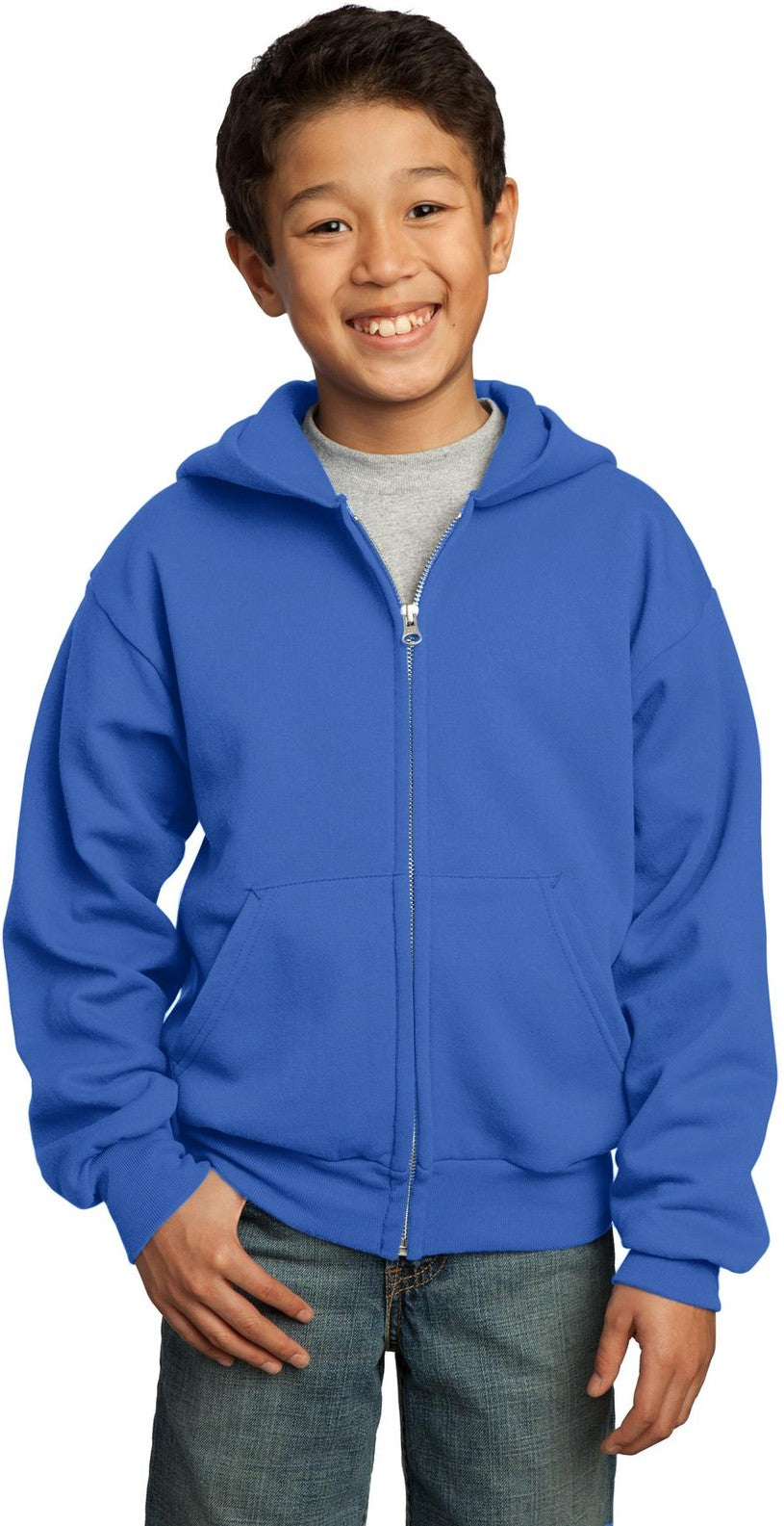 Front View of Royal Port & Co Youth Core Fleece Full-Zip Hooded Sweatshirt. PC90YZH