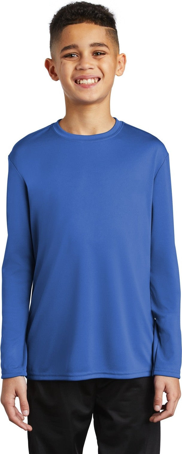 Front View of Royal Port & Co Youth Long Sleeve Performance Tee PC380YLS