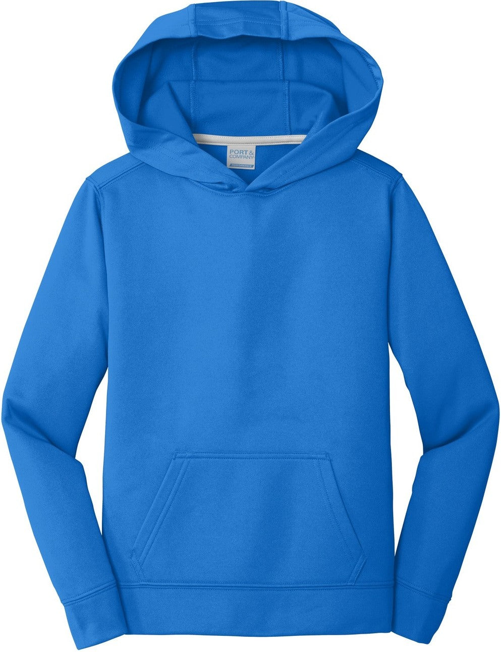 Front View of Royal Port & Co Youth Performance Fleece Pullover Hooded Sweatshirt. PC590YH