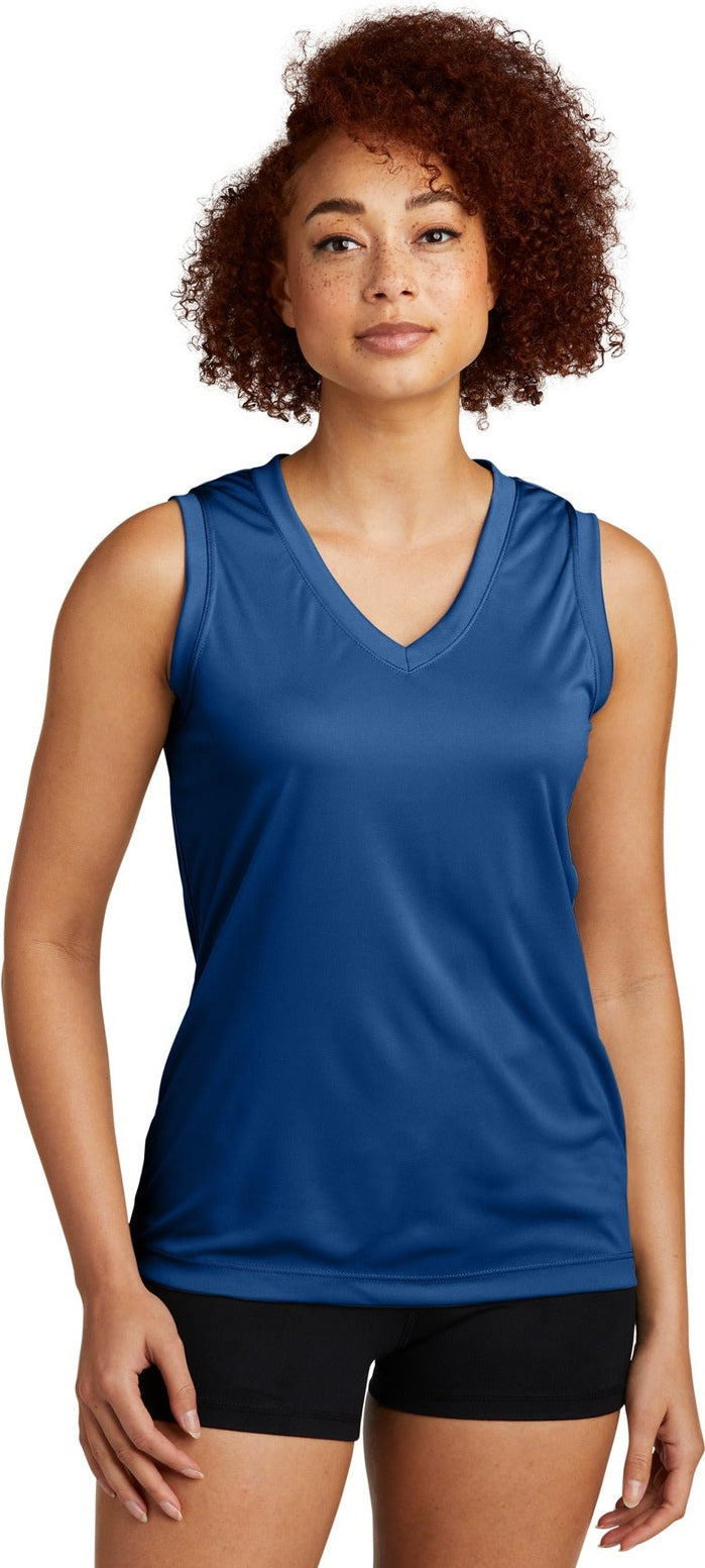Front View of Royal Sport-Tek Women's Sleeveless PosiCharge Competitor V-Neck Tee. LST352