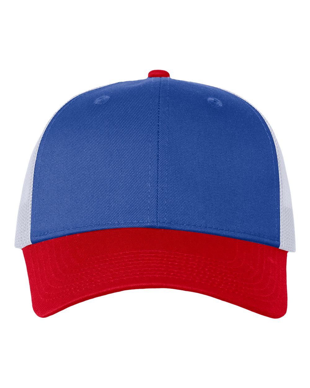 Front View of Royal/ White/ Red Mesh-Back Twill Trucker Cap - VC400