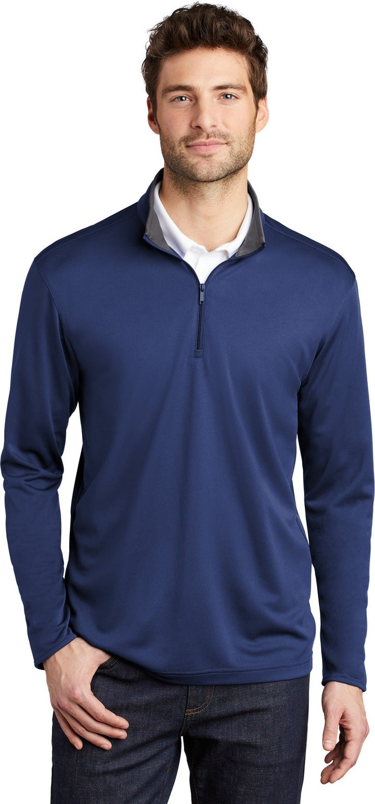 Front View of Royal/Steel Gy Port Authority Silk Touch Performance 1/4-Zip K584