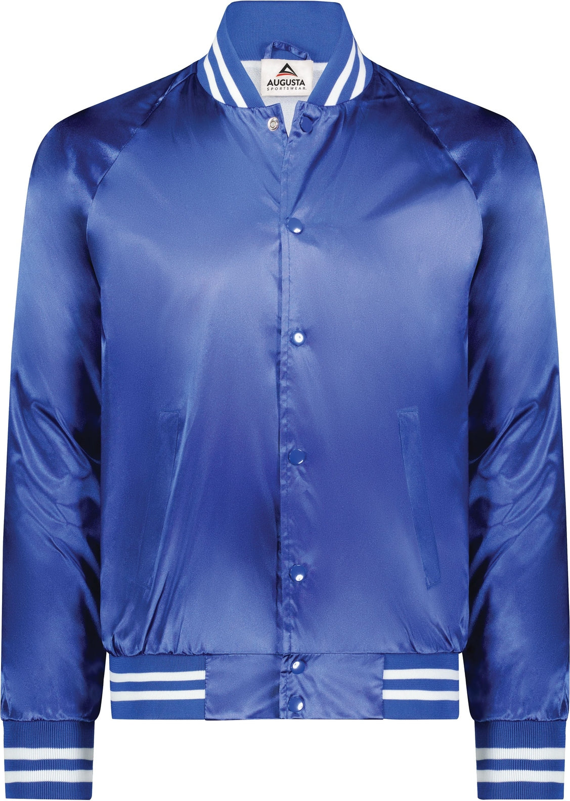 Front View of ROYAL/WHITE SATIN BASEBALL JKT/STRIPED TRM