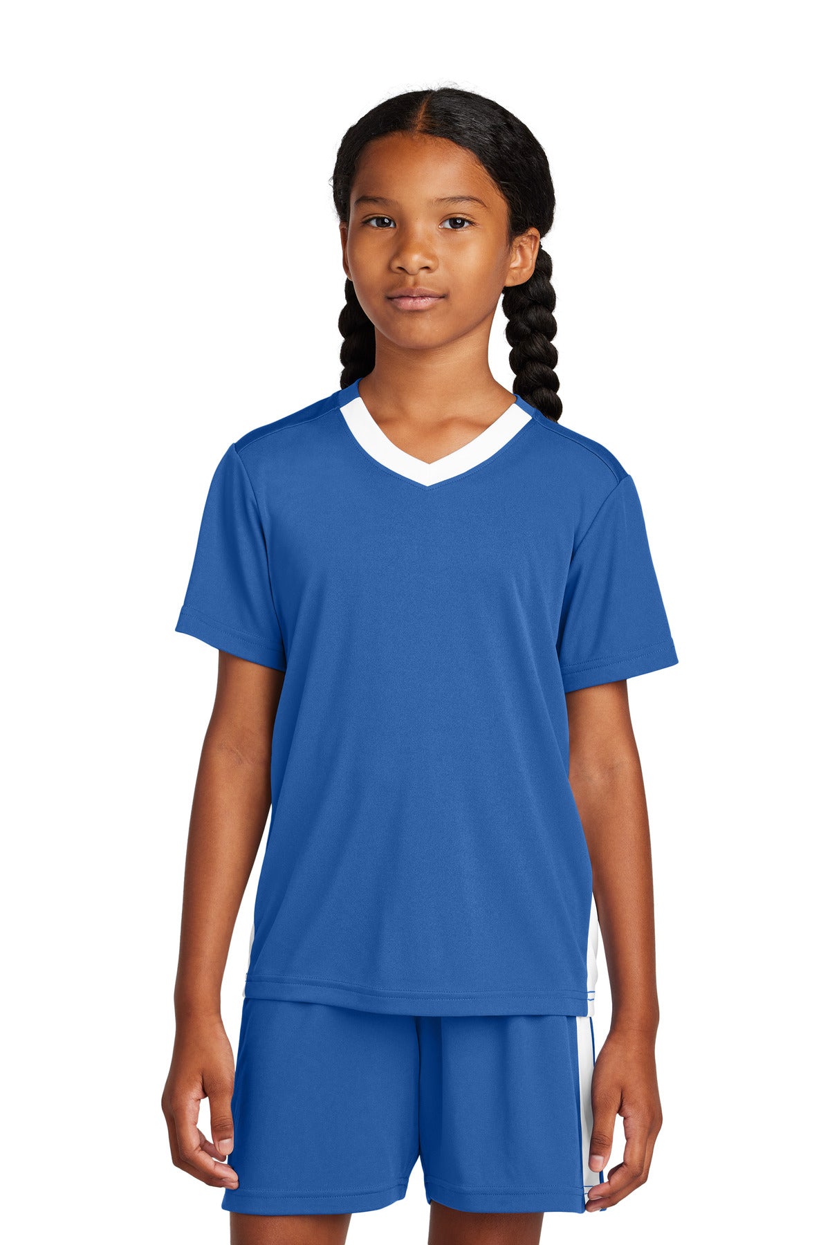 Front View of Royal/Wht Sport-Tek Youth Competitor United V-Neck YST101
