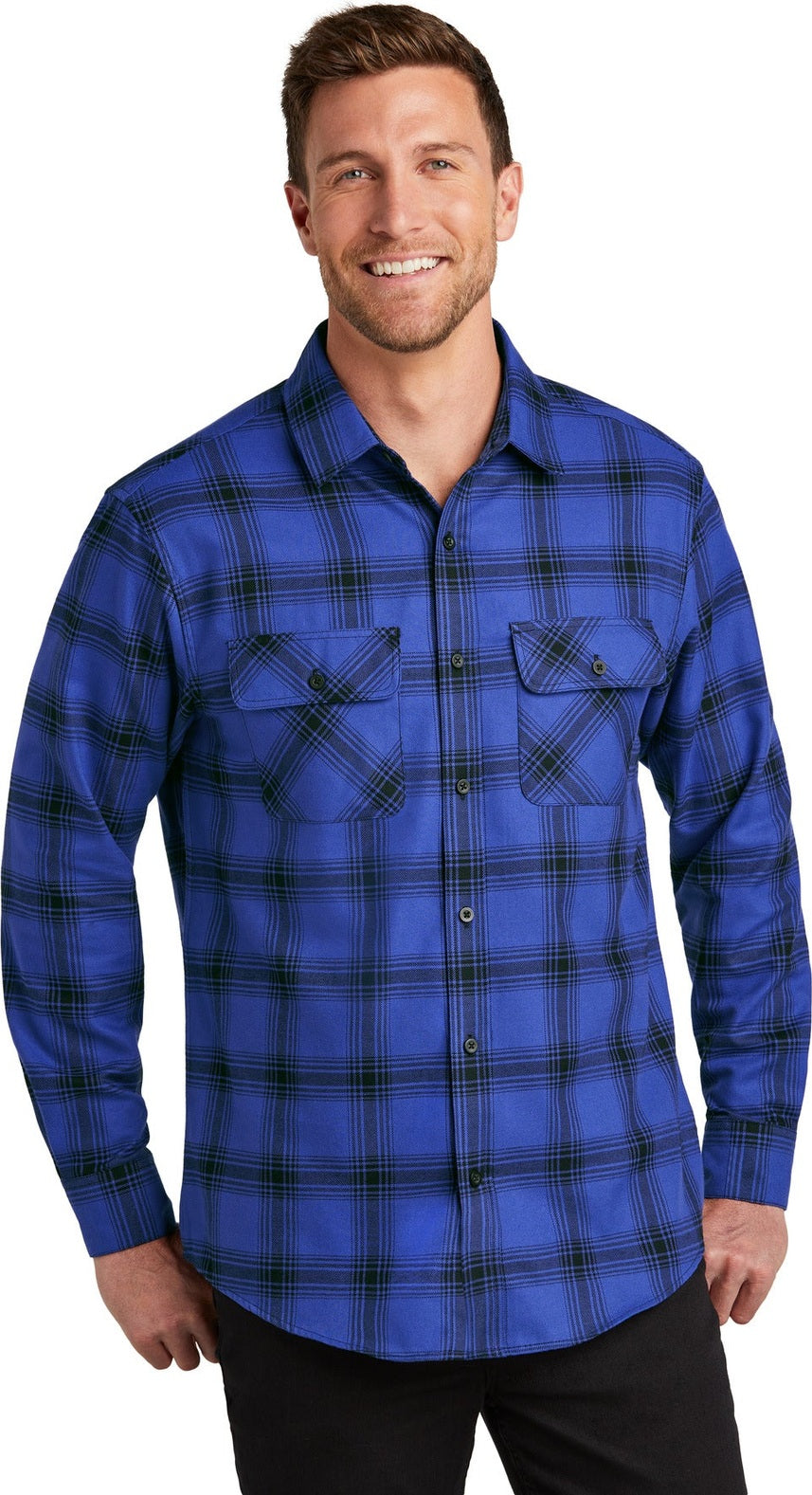 Front View of Ry/BkOpPld Port Authority Plaid Flannel Shirt. W668