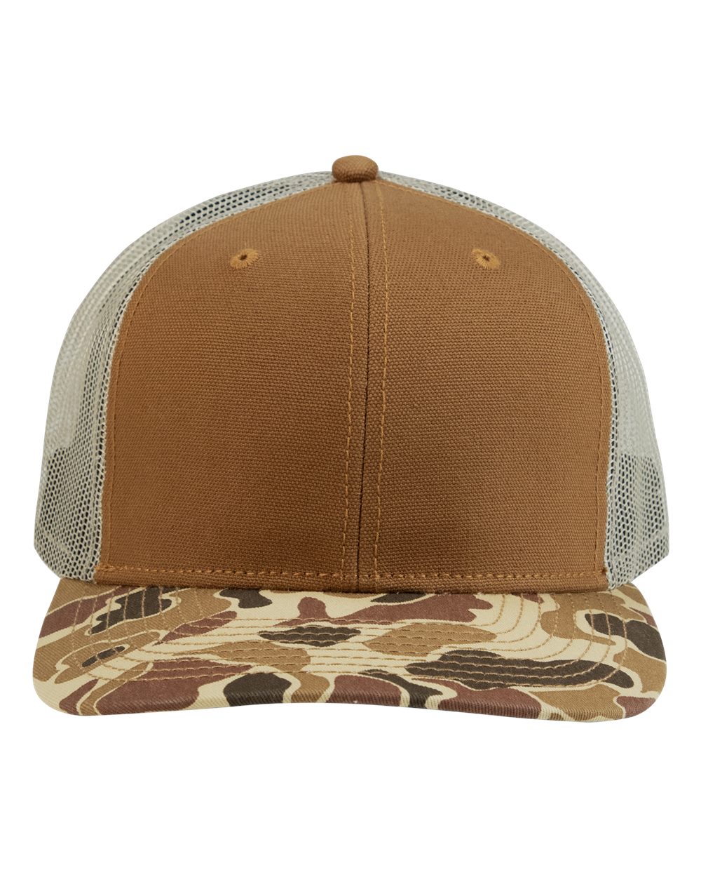 Front View of Saddle/ Duck Camo Ridge Trucker Cap - 3091