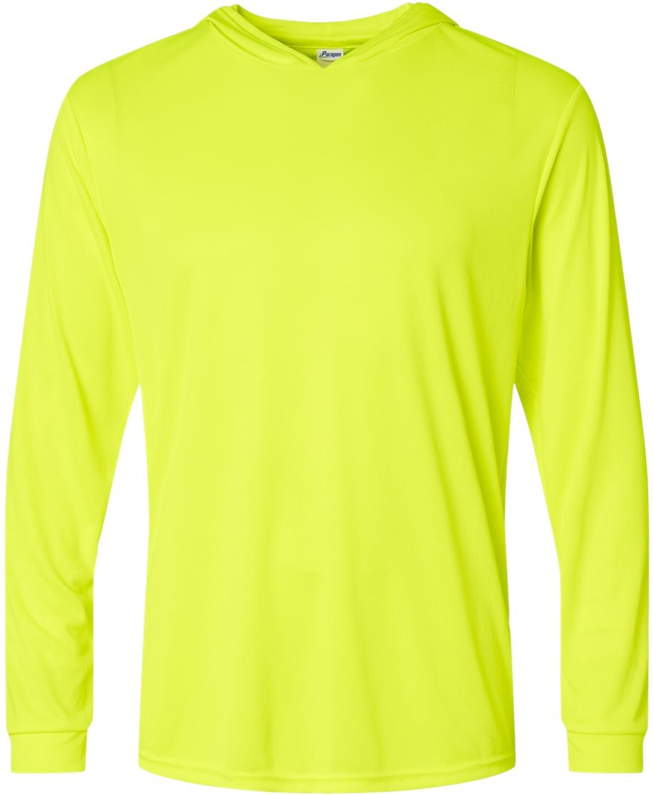 Front View of Safety Green Bahama Performance Hooded Long Sleeve T-Shirt - 220