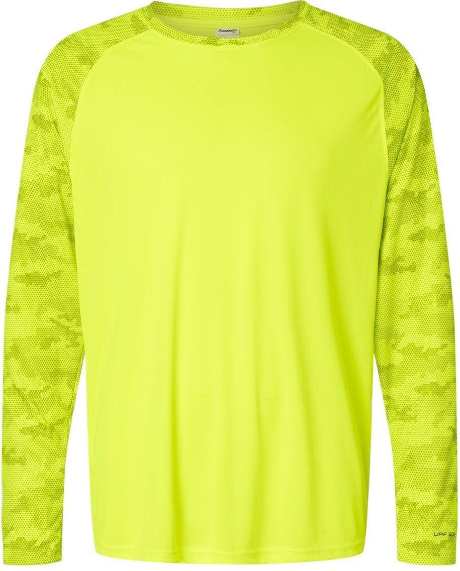 Front View of Safety Green Cayman Performance Camo Colorblocked Long Sleeve T-Shirt - 216