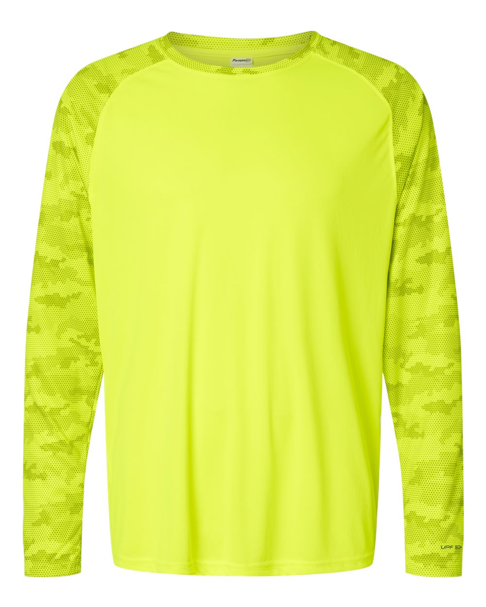 Front View of Safety Green Cayman Performance Camo Colorblocked Long Sleeve T-Shirt - 216