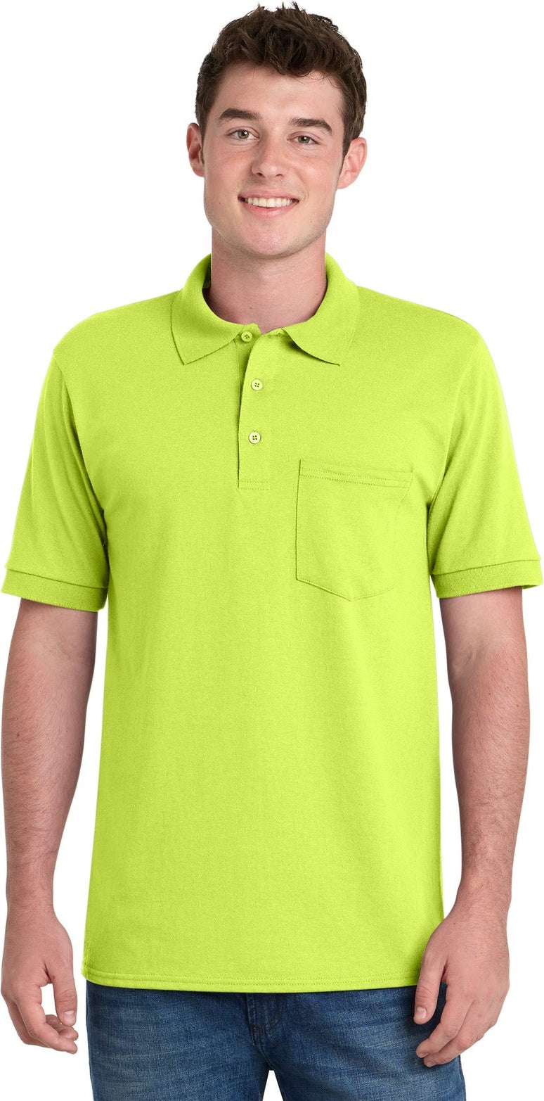 Front View of Safety Green Port & Co Core Blend Jersey Knit Pocket Polo. KP55P