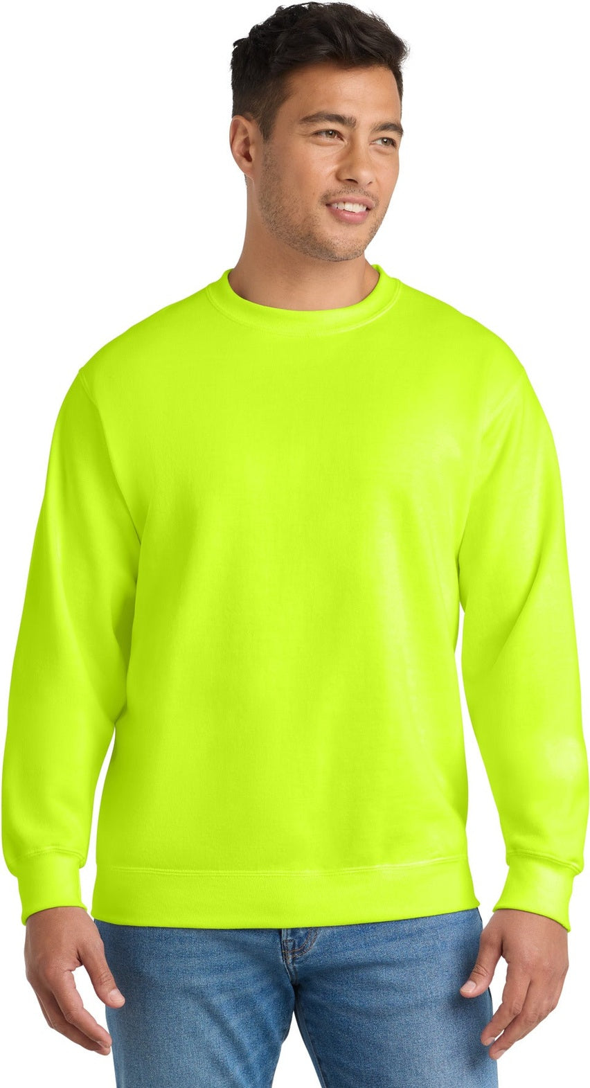 Front View of Safety Green Port & Co Essential Fleece Crewneck Sweatshirt. PC90