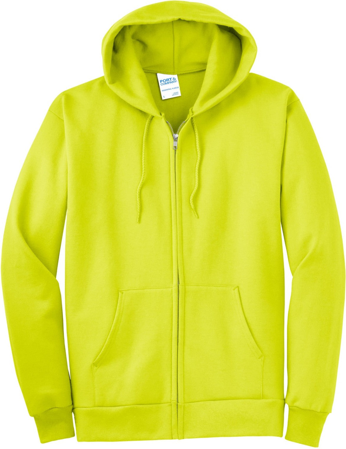 Front View of Safety Green Port & Co Essential Fleece Full-Zip Hooded Sweatshirt. PC90ZH