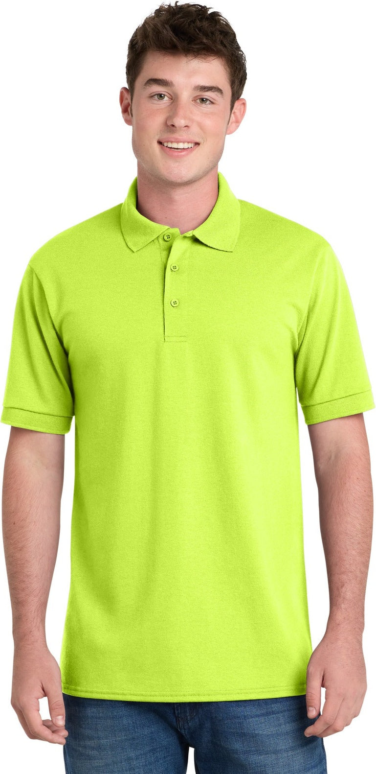 Front View of Safety Green Port & Co Tall Core Blend Jersey Knit Polo. KP55T