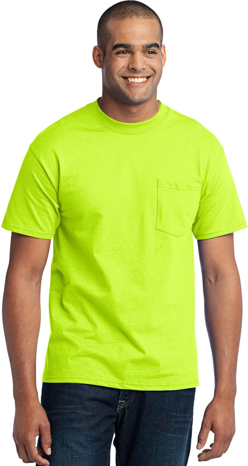 Front View of Safety Green Port & Co Tall Core Blend Pocket Tee. PC55PT
